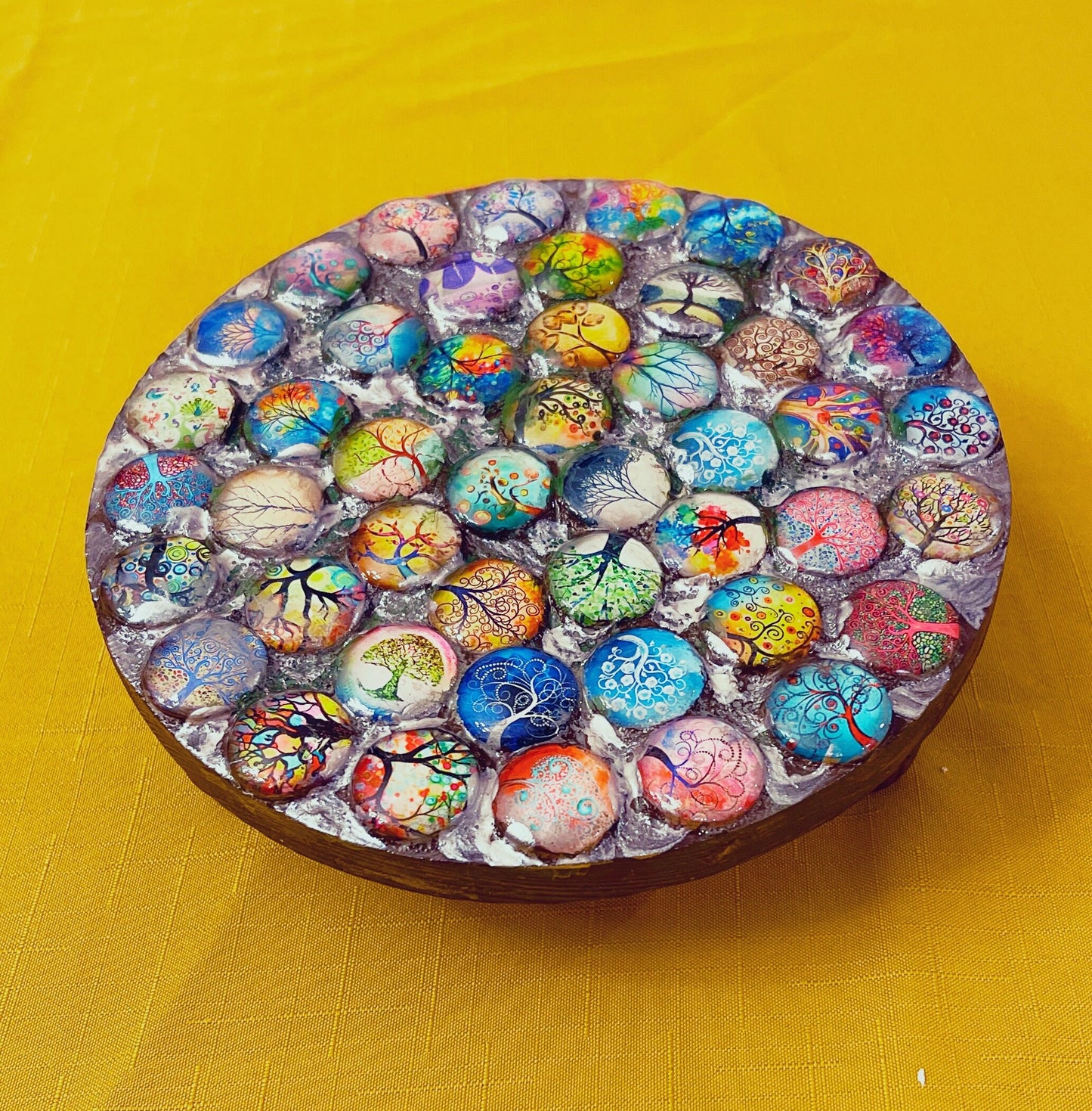 Plant Stand, Handmade Round Plant Stand, Mosaic Plant Riser | Unique Tree of Life Cabochons Plant Stand / Free Shipping