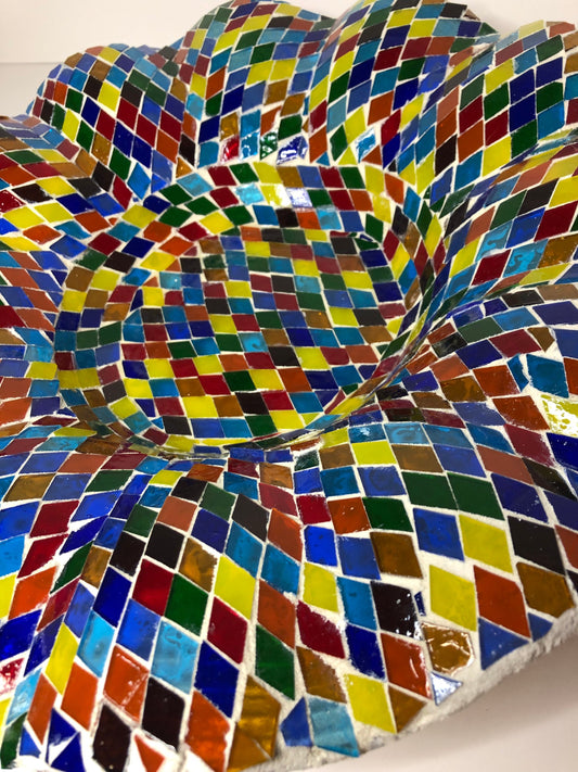 Mosaic Glass Bowl. Multicolored glass tiles on wave cut glass bowl.