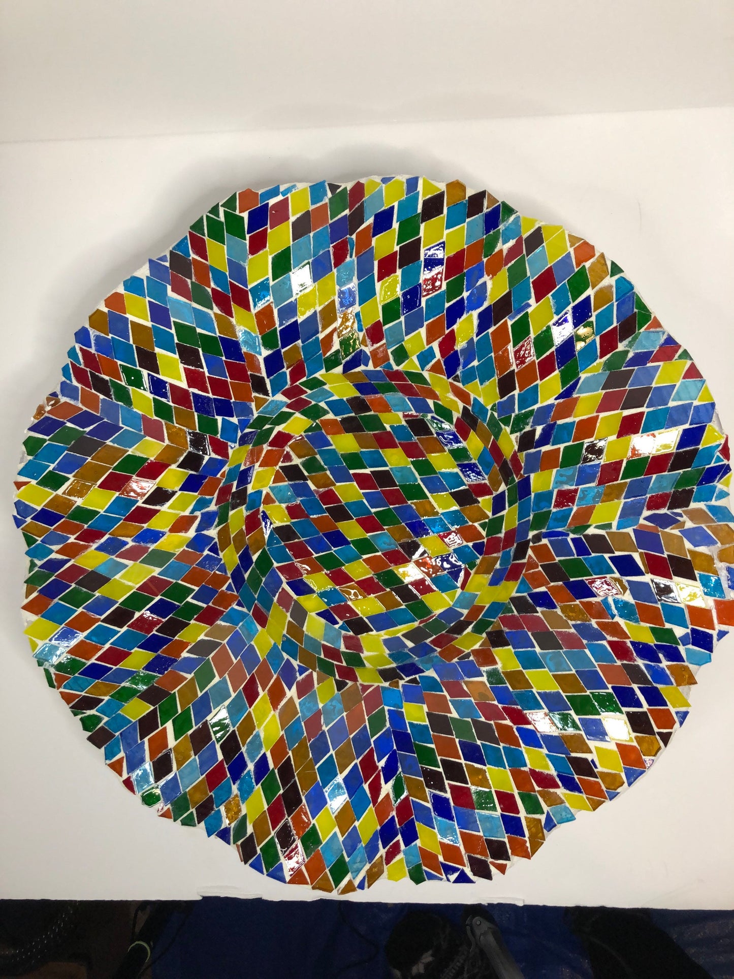 Mosaic Glass Bowl. Multicolored glass tiles on wave cut glass bowl.