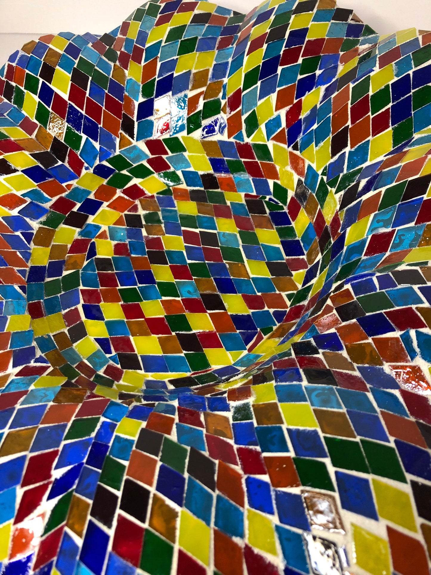 Mosaic Glass Bowl. Multicolored glass tiles on wave cut glass bowl.