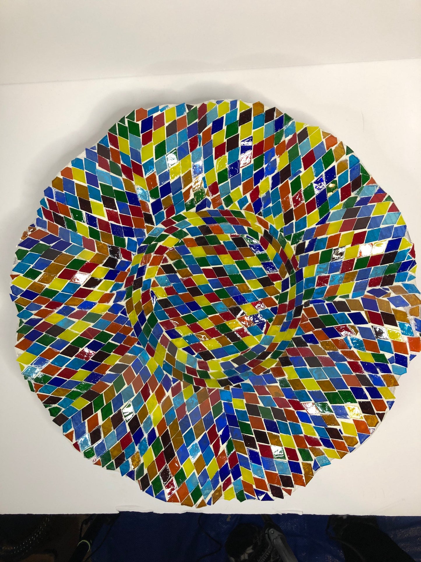 Mosaic Glass Bowl. Multicolored glass tiles on wave cut glass bowl.