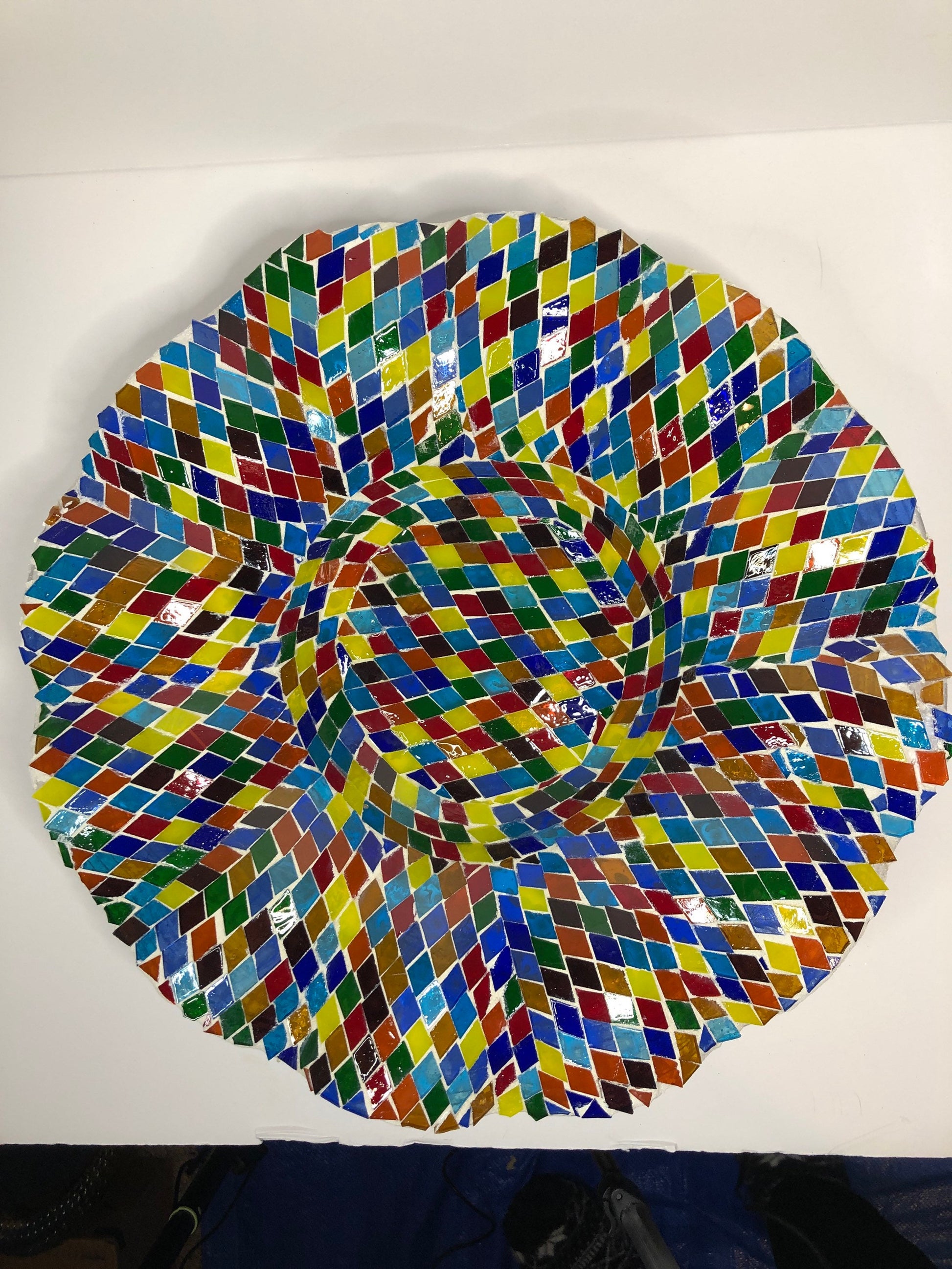 Mosaic Glass Bowl. Multicolored glass tiles on wave cut glass bowl.