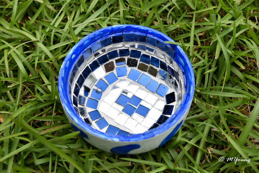 Small Mosaic Bowl, Blue and Silver, Bowl for jewelry, hair things, paper clips, keys, etc