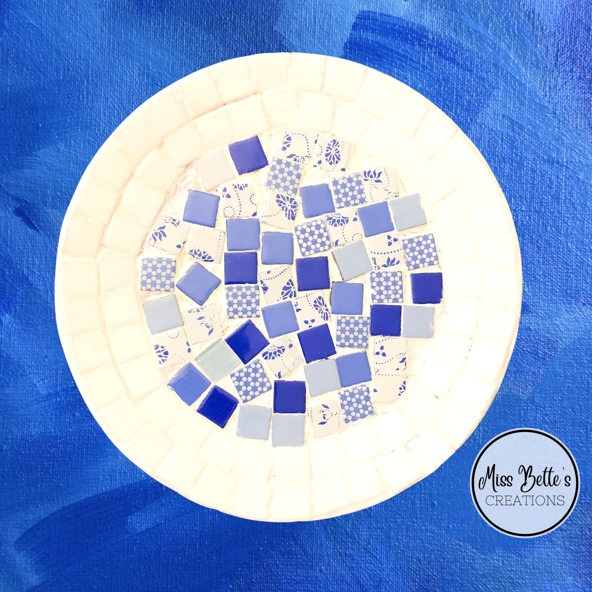 White Rimmed Mosaic Wall Decor, Blue and White Decorative Plate, Mosaic Plate