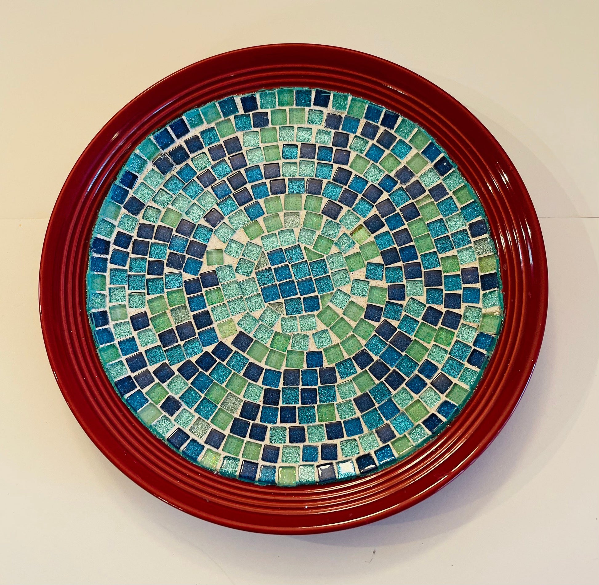 Turquoise Mosaic On Burnt Red Decorative Plate | Glass Wall Hanging