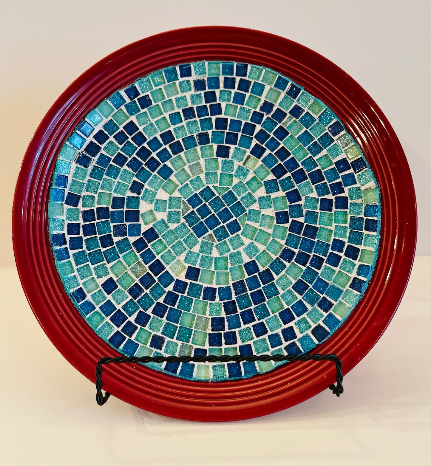 Turquoise Mosaic On Burnt Red Decorative Plate | Glass Wall Hanging