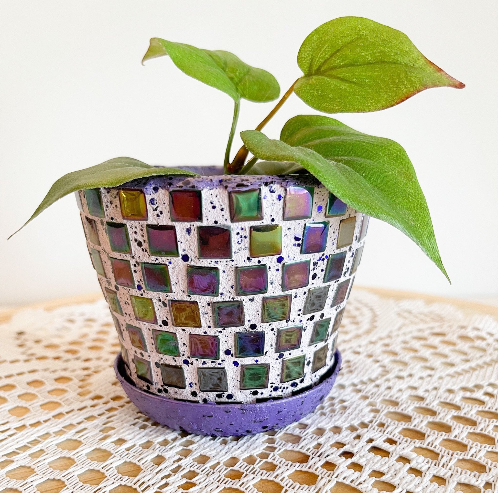 Small Purple Iridescent Mosaic Plant Pot With Draining Tray / Free Shipping