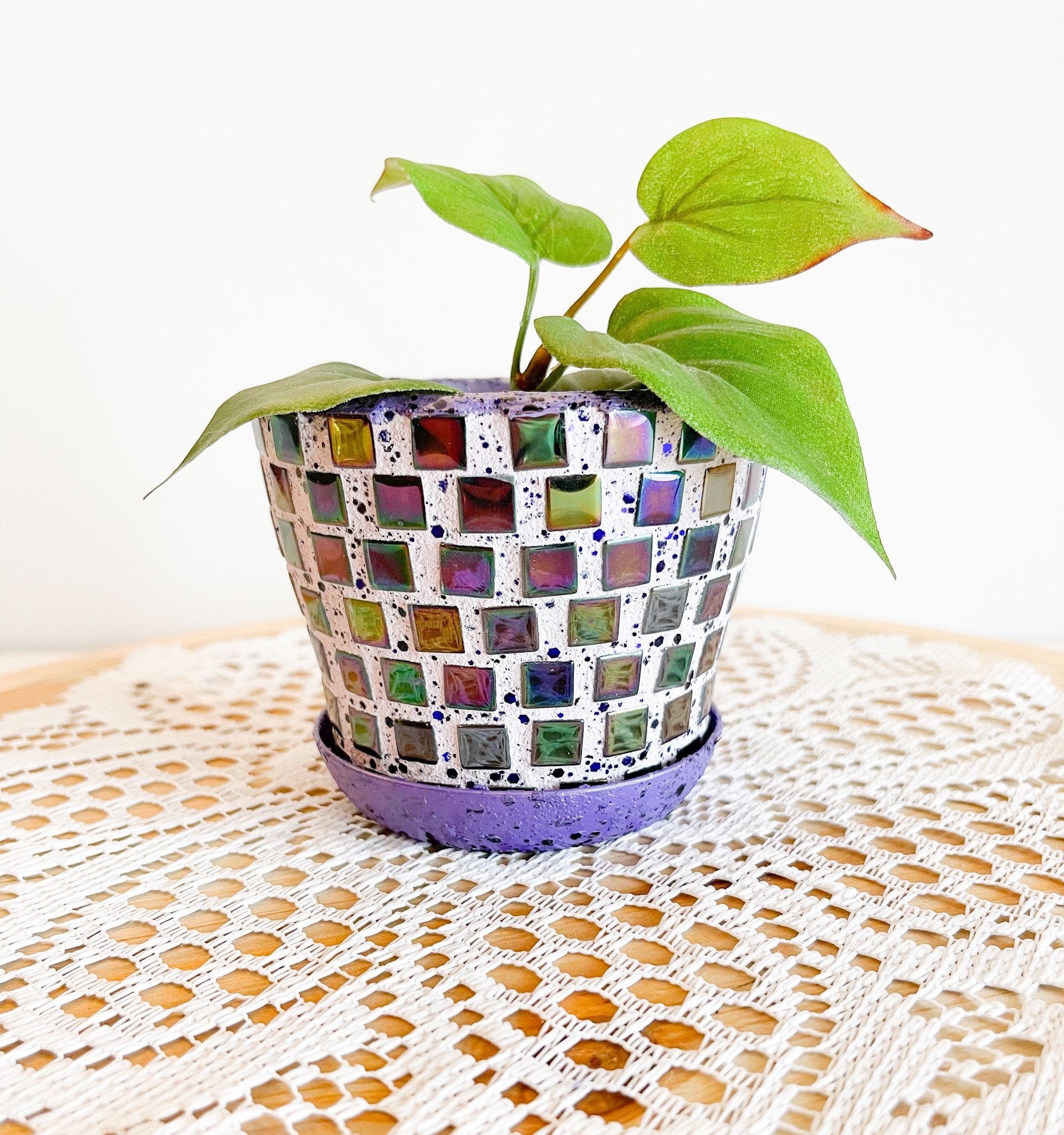Small Purple Iridescent Mosaic Plant Pot With Draining Tray / Free Shipping
