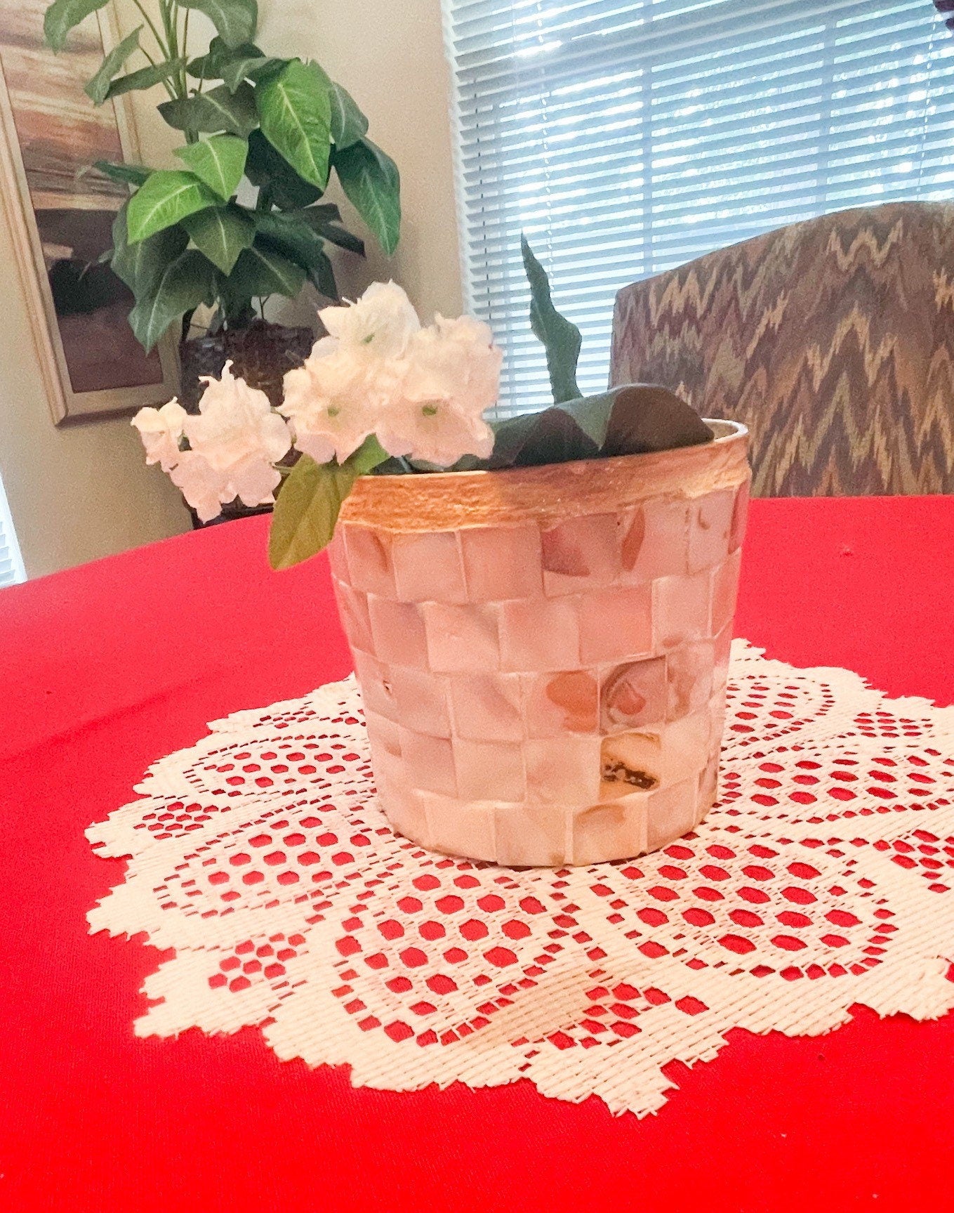 8” tall by 5” wide Medium Mother of Pearl Flower Pot/ Free Shipping
