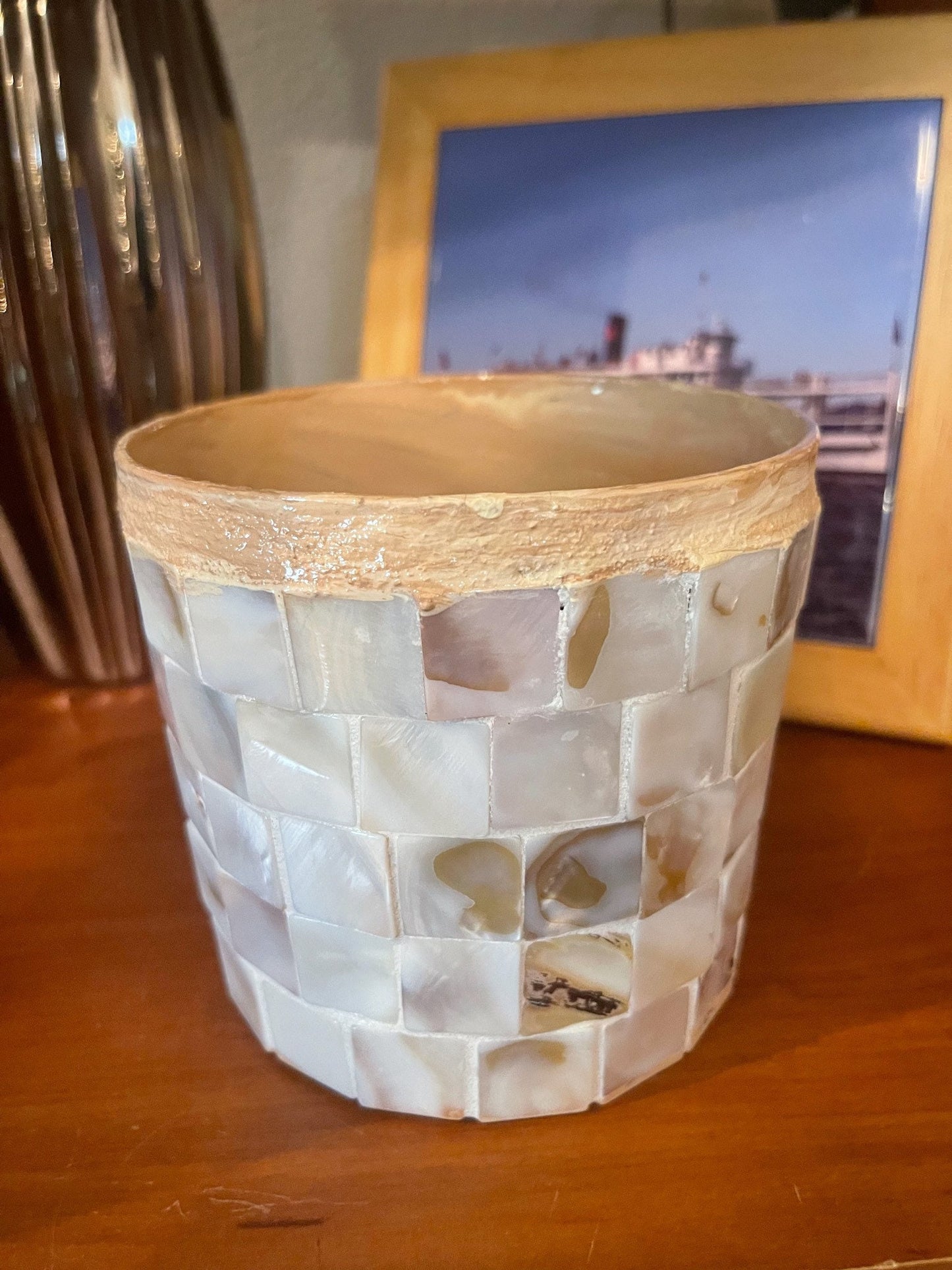 8” tall by 5” wide Medium Mother of Pearl Flower Pot/ Free Shipping