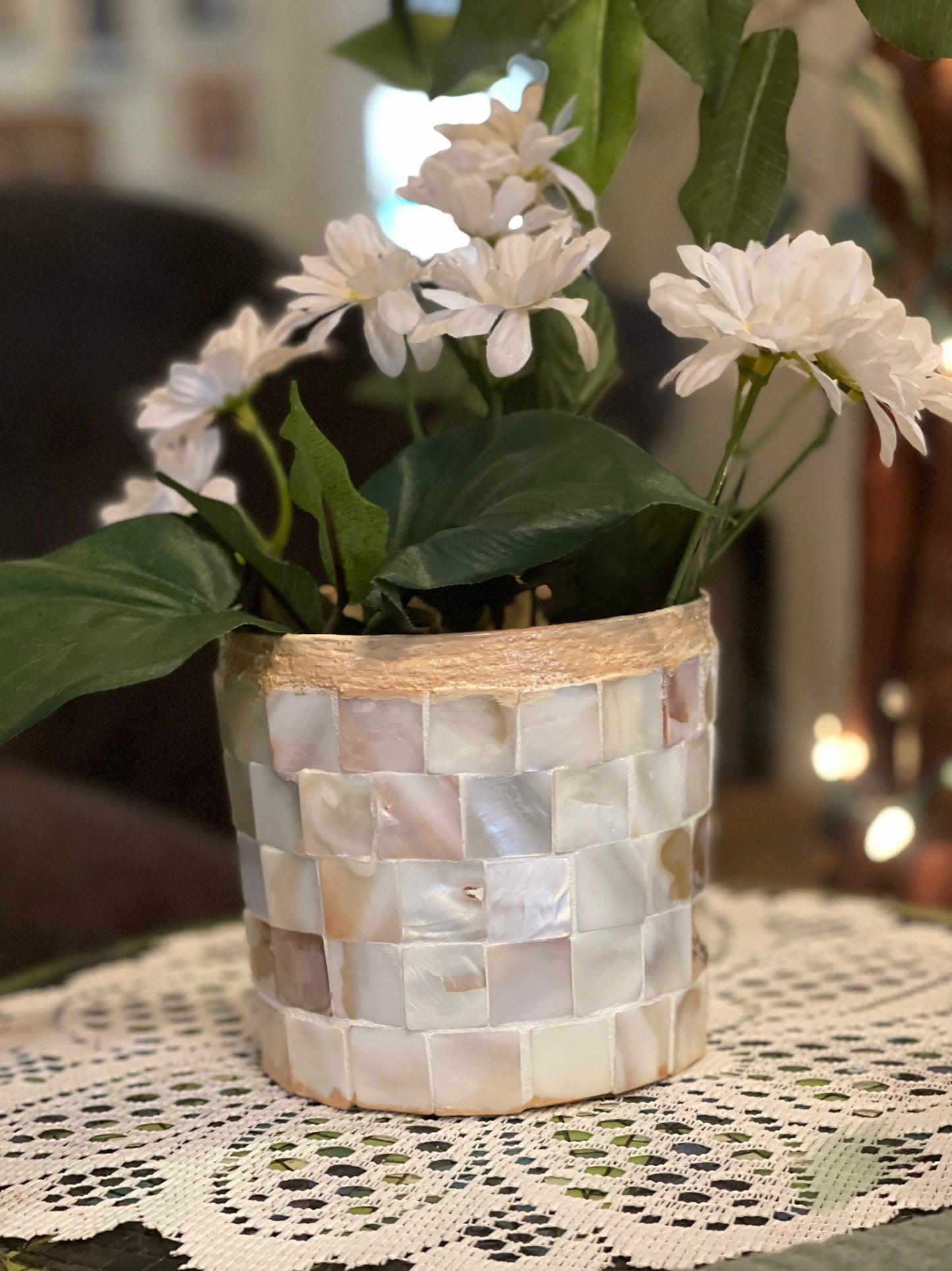 8” tall by 5” wide Medium Mother of Pearl Flower Pot/ Free Shipping