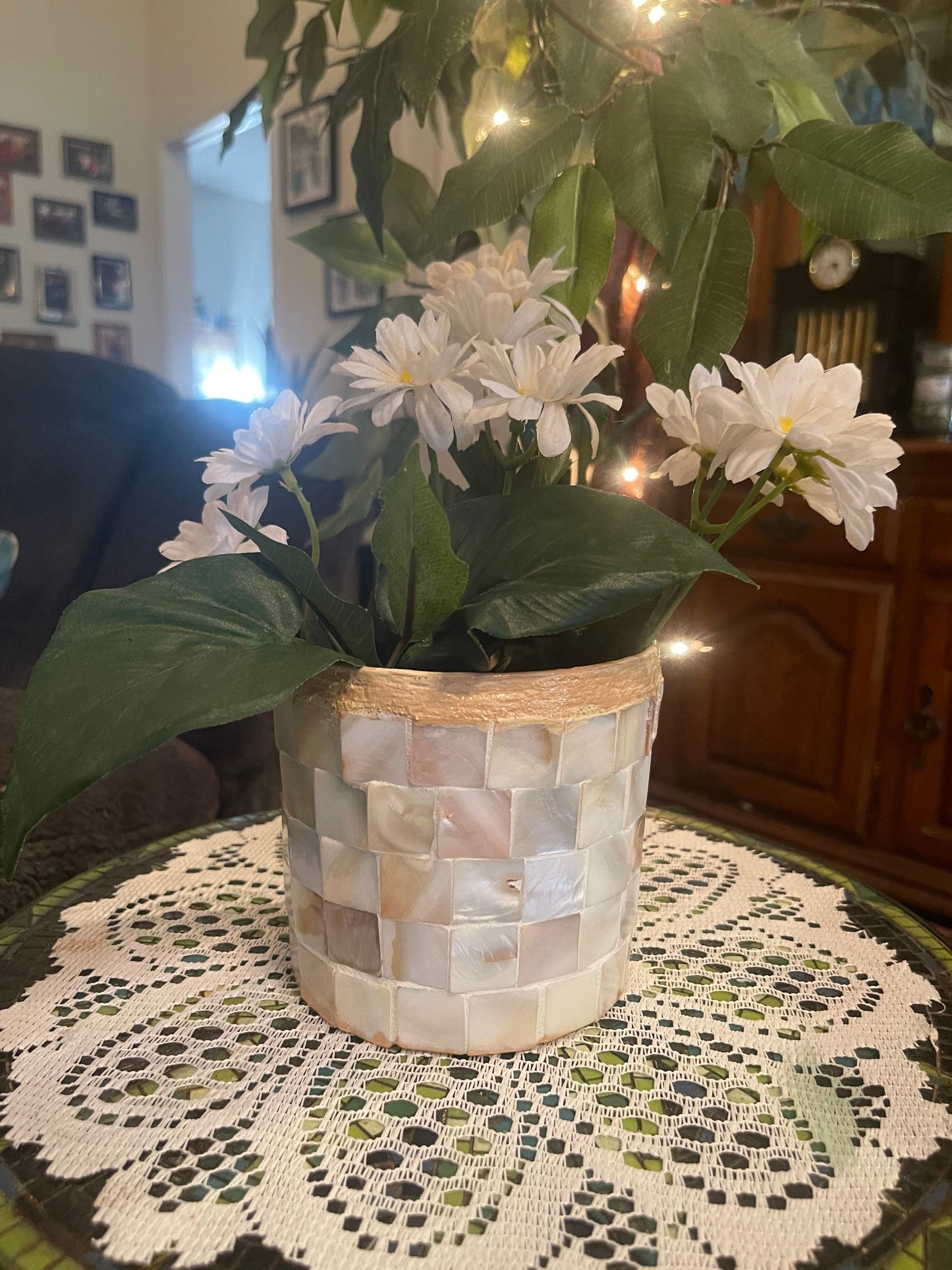8” tall by 5” wide Medium Mother of Pearl Flower Pot/ Free Shipping