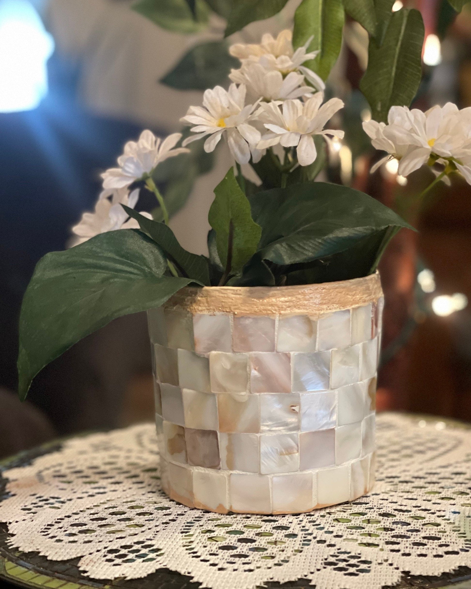 8” tall by 5” wide Medium Mother of Pearl Flower Pot/ Free Shipping