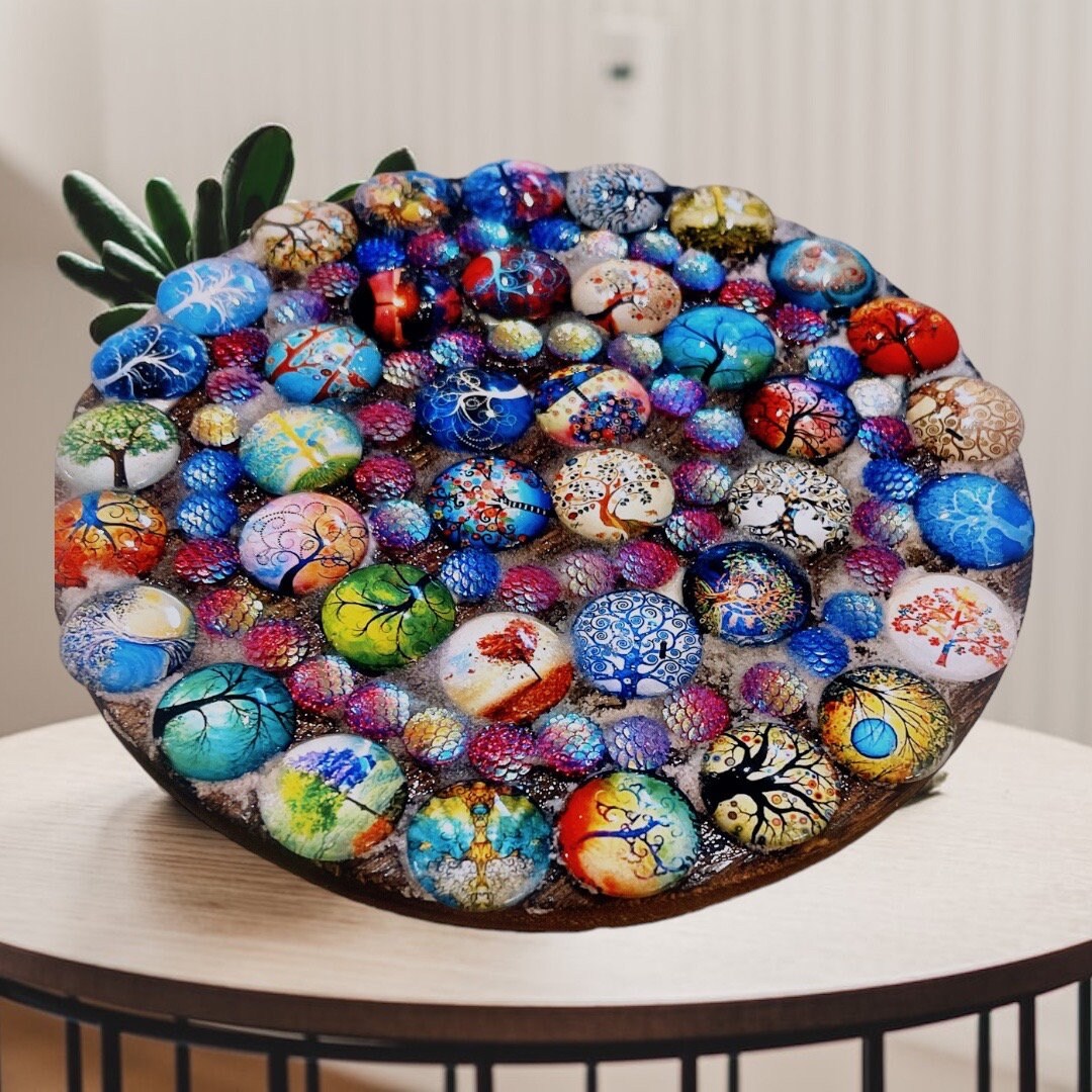 Plant Stand, Handmade Round Plant Stand, Mosaic Plant Riser | Unique Tree of Life Cabochons Plant Stand / Free Shipping