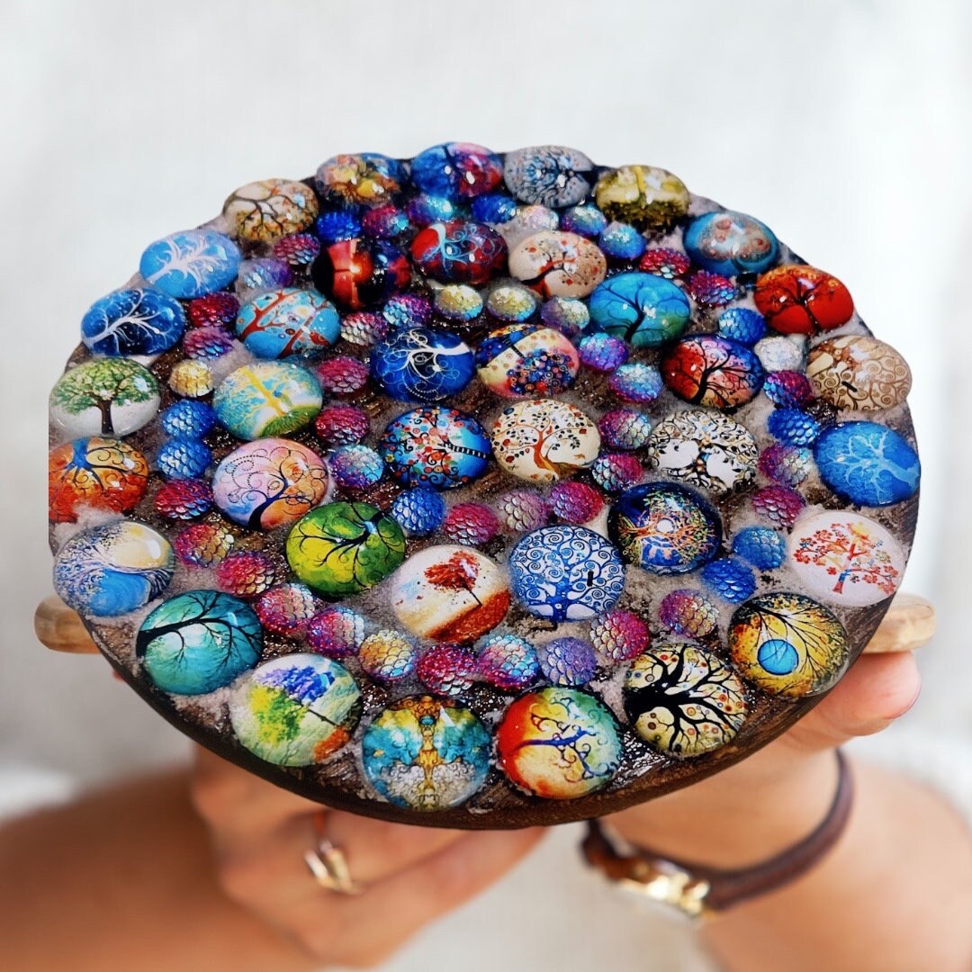 Plant Stand, Handmade Round Plant Stand, Mosaic Plant Riser | Unique Tree of Life Cabochons Plant Stand / Free Shipping