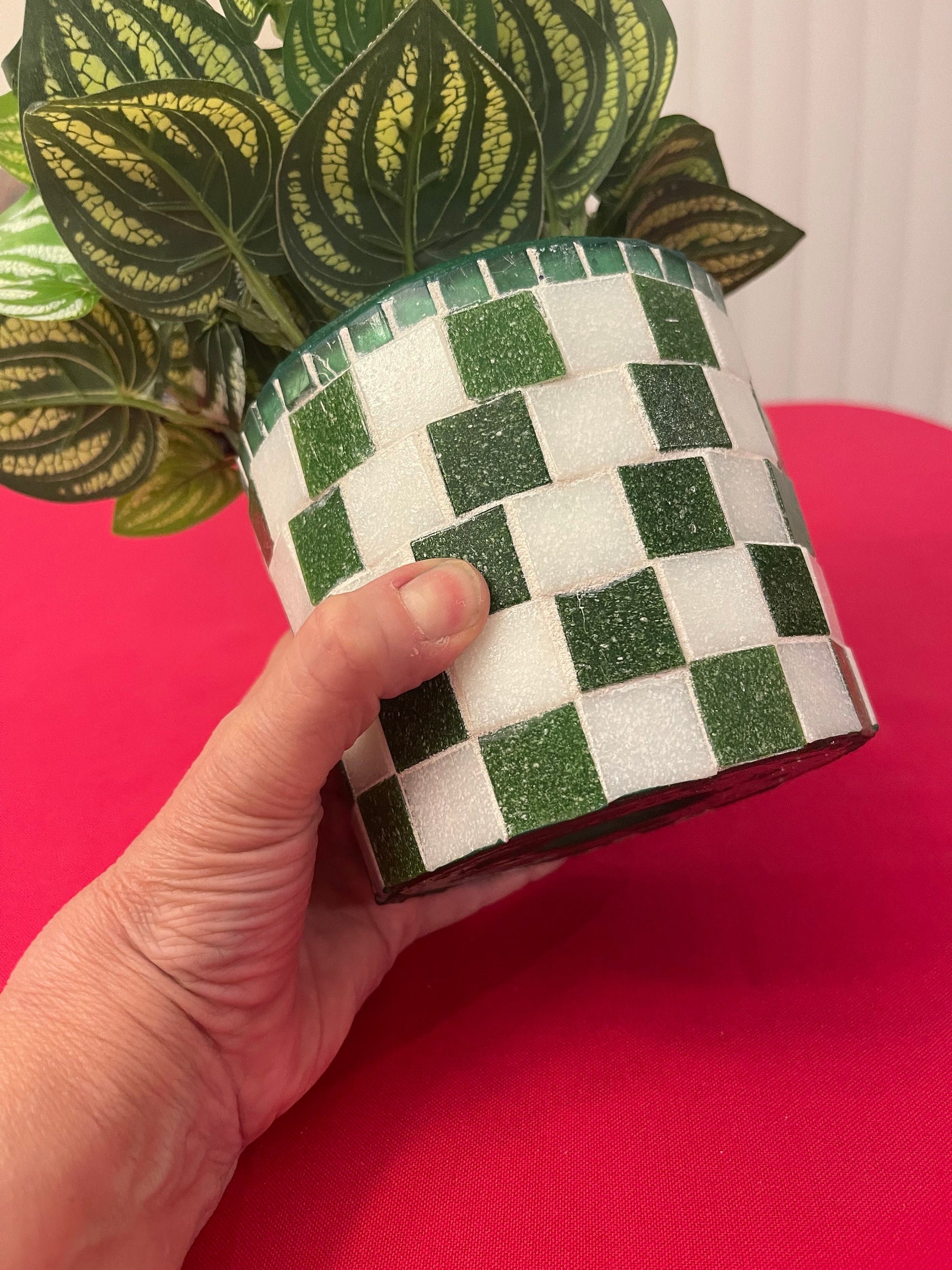 Green and White Planter / Free Shipping