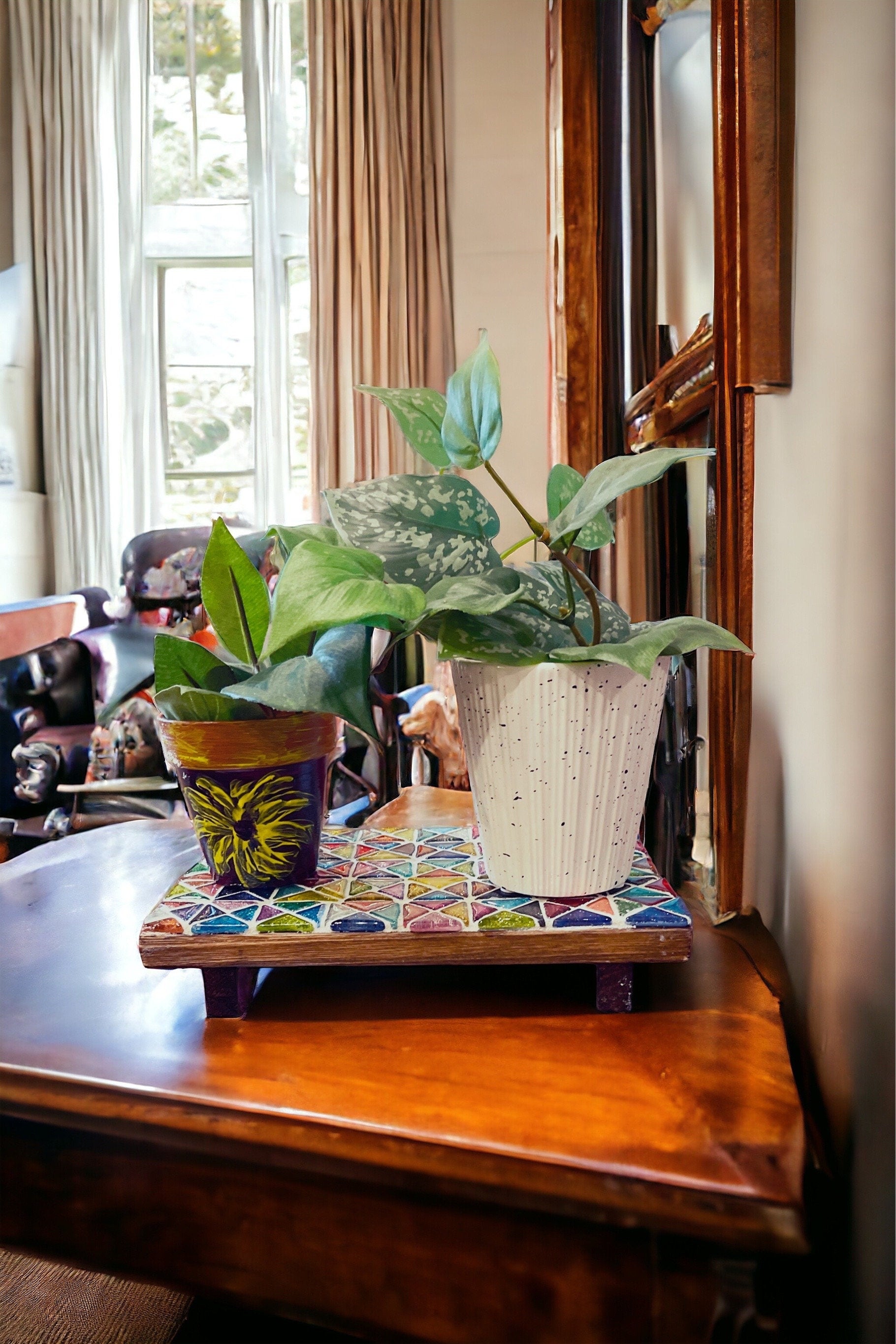 Plant Stand, Handmade Rectangular Plant Stand, Mosaic Plant Riser | 9” X 6”” | Unique Plant Stand / Free Shipping