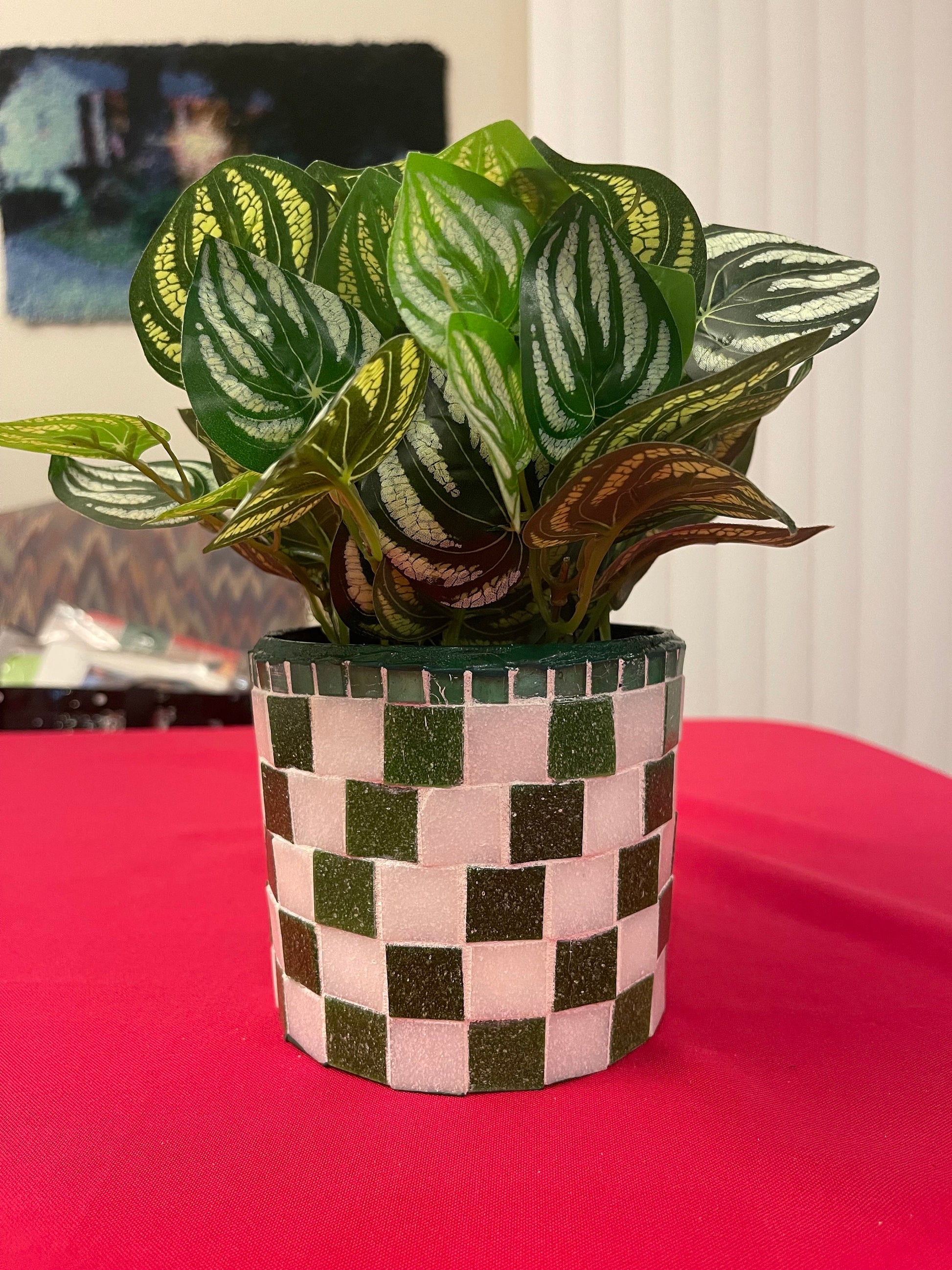 Green and White Planter / Free Shipping