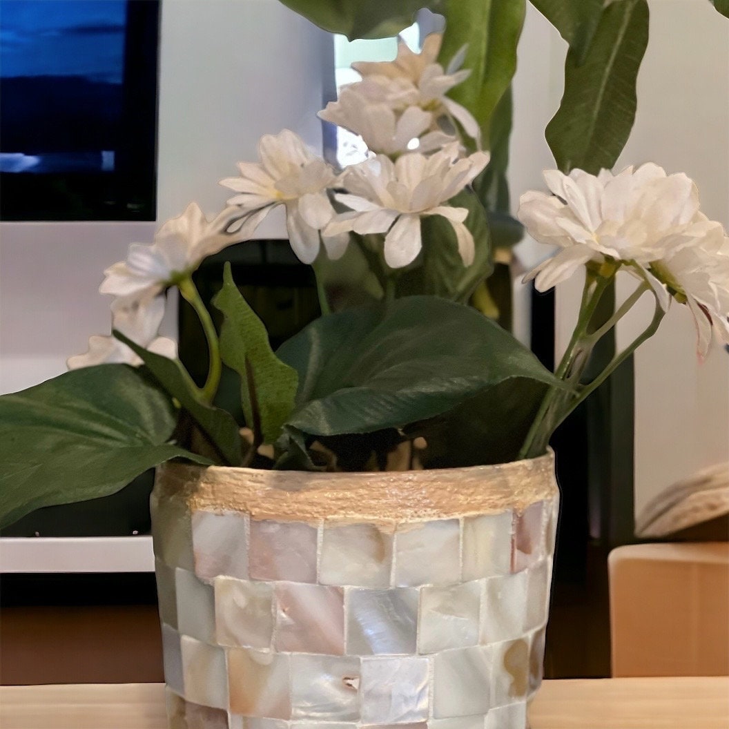 8” tall by 5” wide Medium Mother of Pearl Flower Pot/ Free Shipping