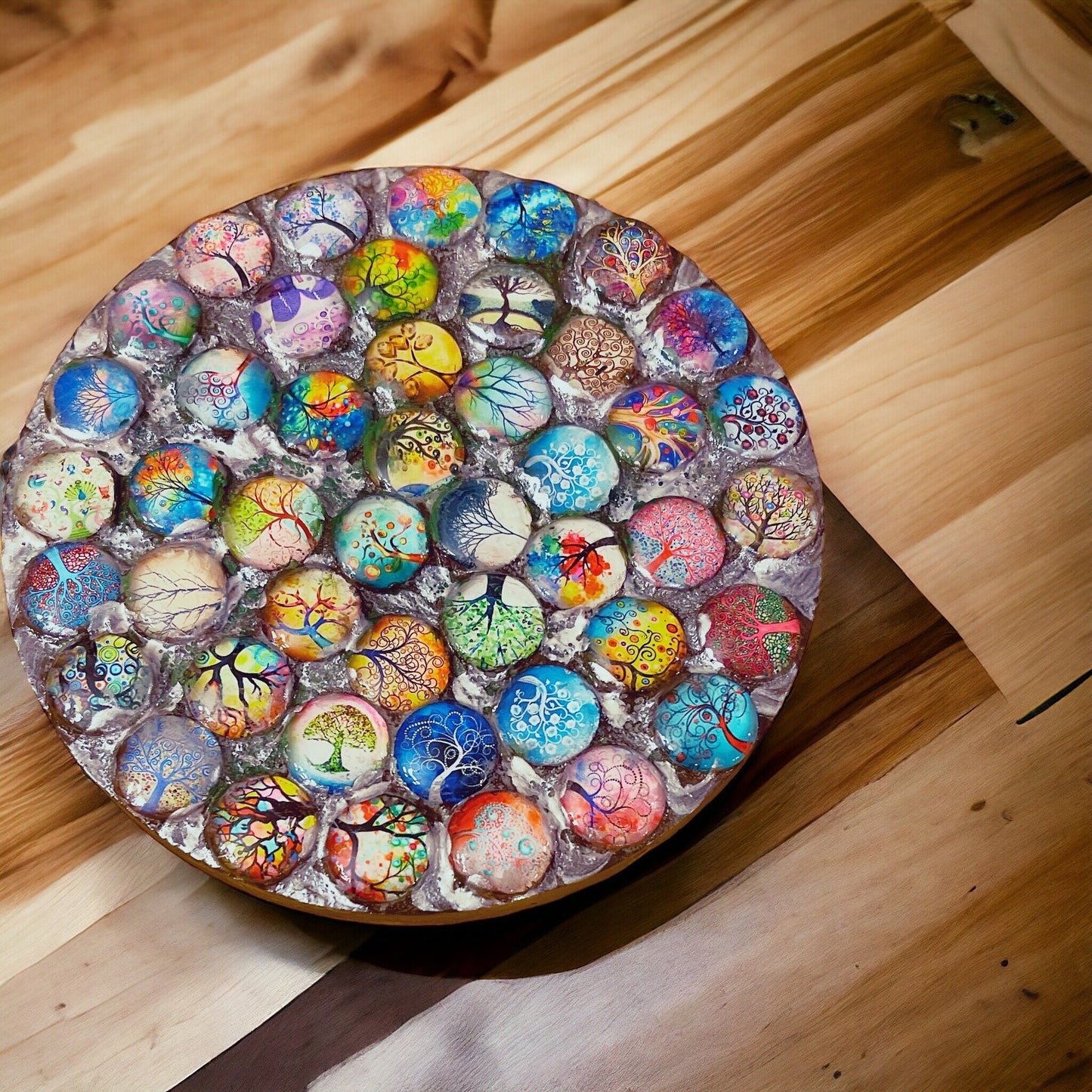 Plant Stand, Handmade Round Plant Stand, Mosaic Plant Riser | Unique Tree of Life Cabochons Plant Stand / Free Shipping