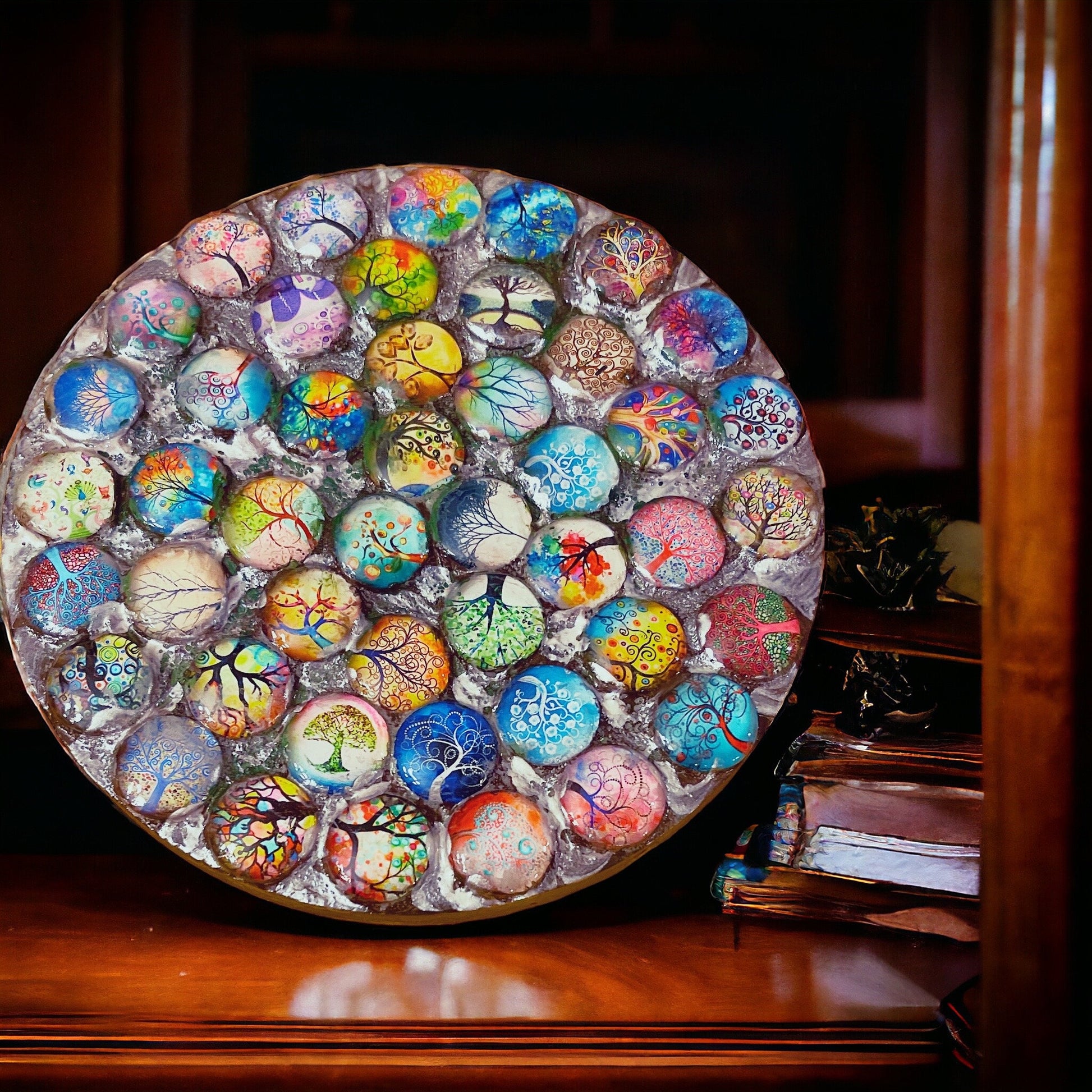 Plant Stand, Handmade Round Plant Stand, Mosaic Plant Riser | Unique Tree of Life Cabochons Plant Stand / Free Shipping