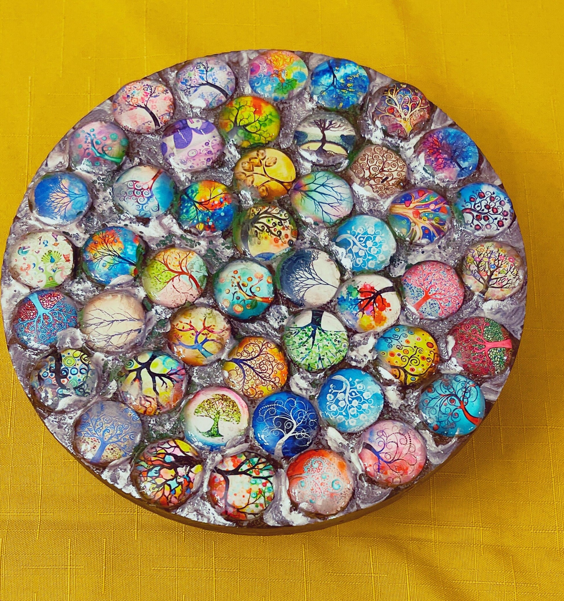 Plant Stand, Handmade Round Plant Stand, Mosaic Plant Riser | Unique Tree of Life Cabochons Plant Stand / Free Shipping
