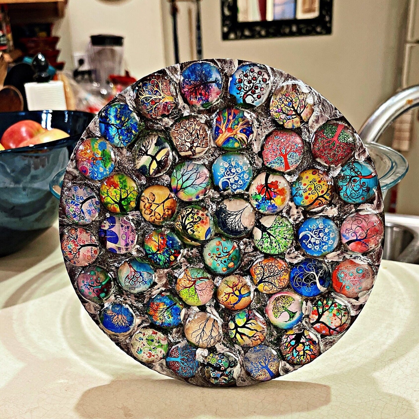 Plant Stand, Handmade Round Plant Stand, Mosaic Plant Riser | Unique Tree of Life Cabochons Plant Stand / Free Shipping
