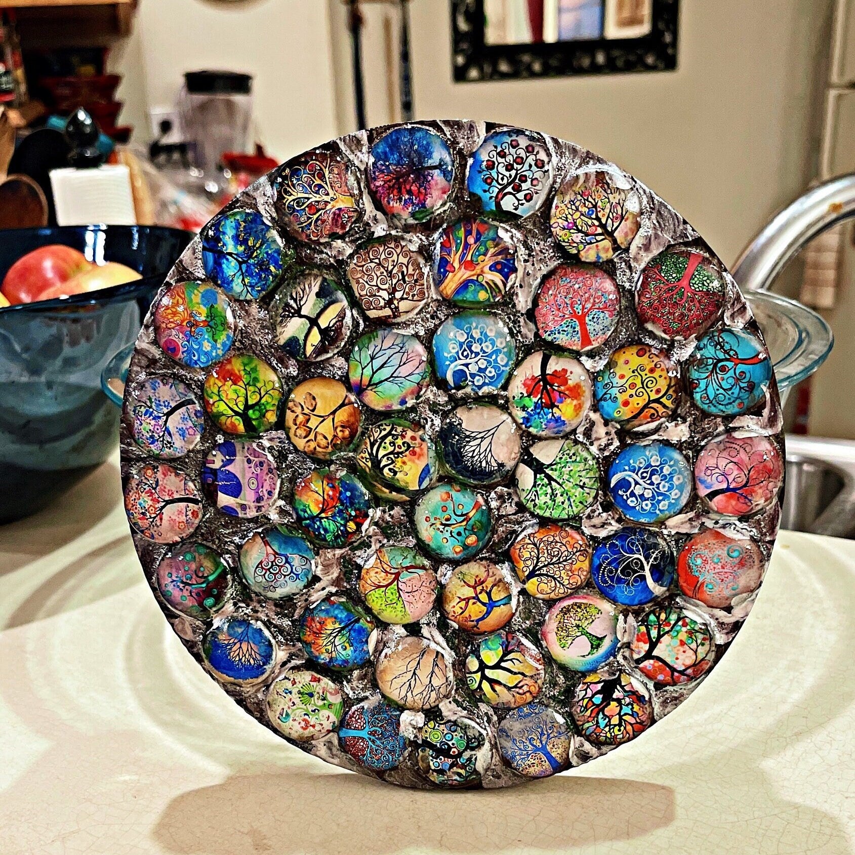 Plant Stand, Handmade Round Plant Stand, Mosaic Plant Riser | Unique Tree of Life Cabochons Plant Stand / Free Shipping