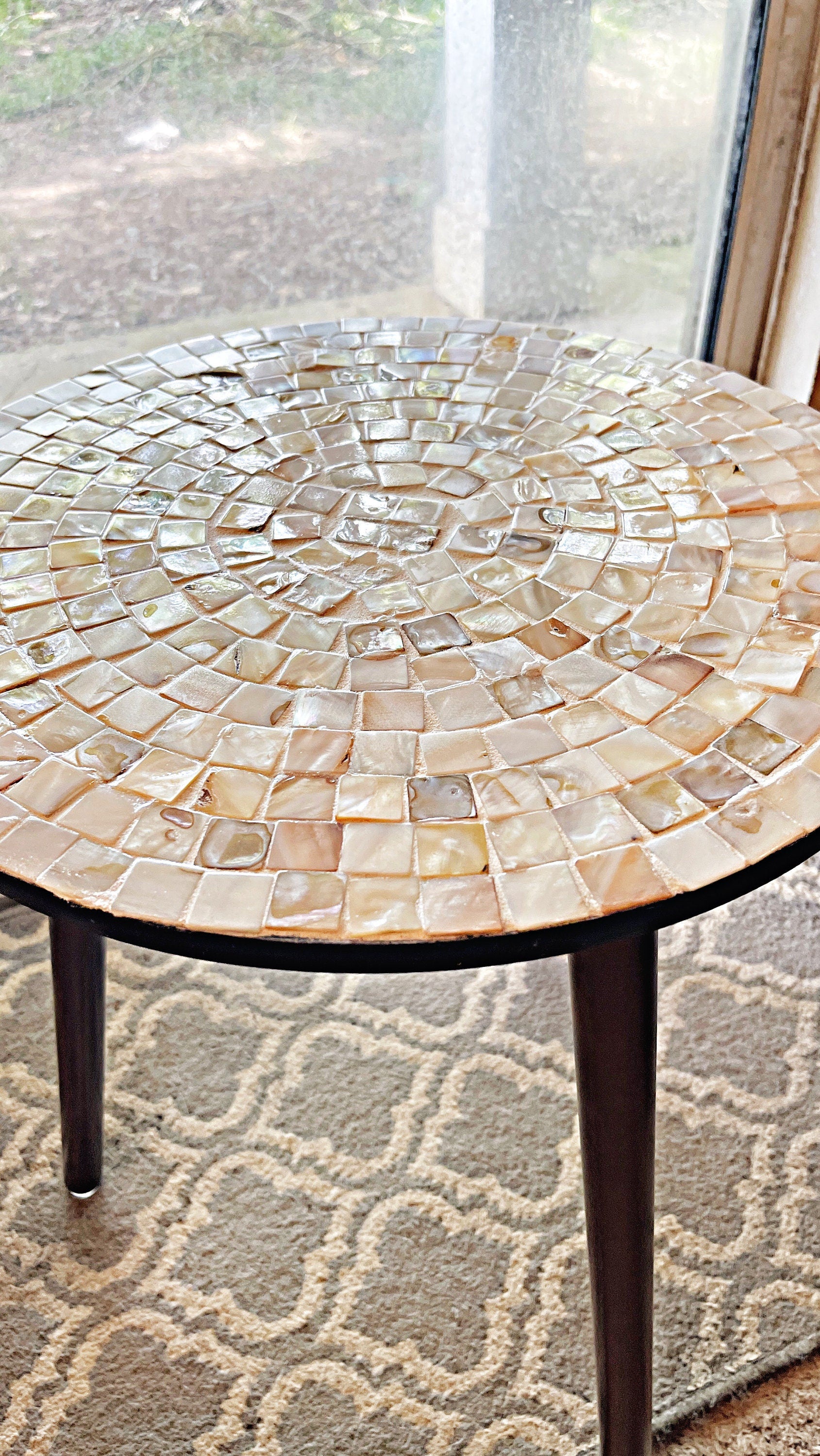 Round Side Table 16” in diameter 20” Tall Mother of Pearl Mosaic and Dark Wood (“Pearl-a-dise”) / Free Shipping