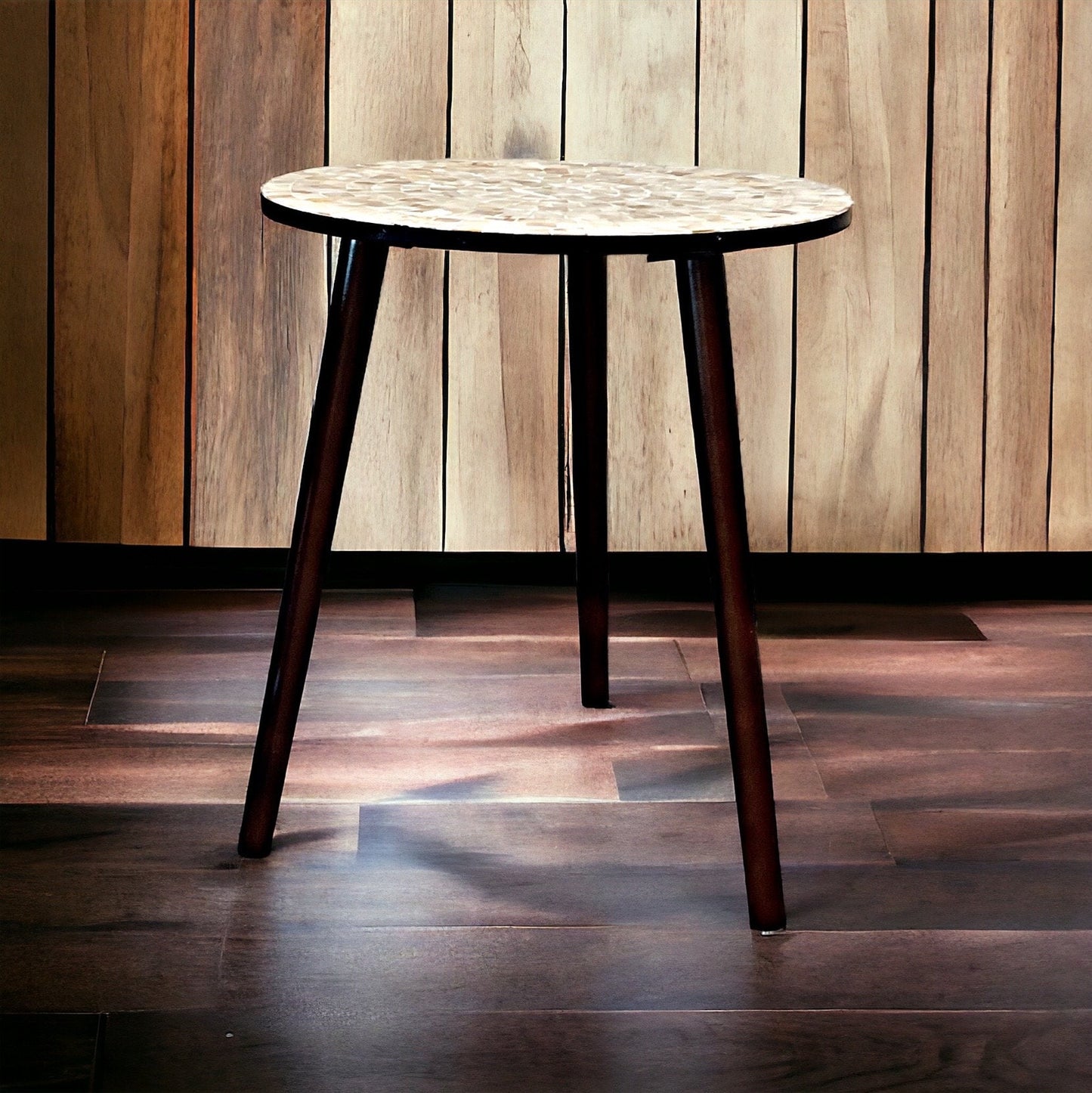 Round Side Table 16” in diameter 20” Tall Mother of Pearl Mosaic and Dark Wood (“Pearl-a-dise”) / Free Shipping