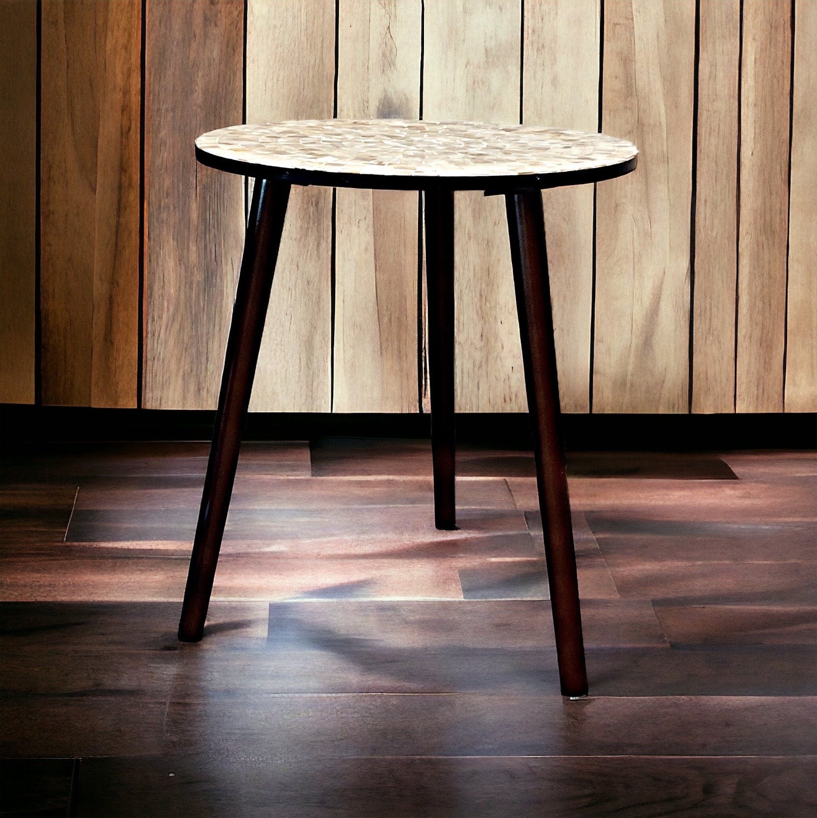 Round Side Table 16” in diameter 20” Tall Mother of Pearl Mosaic and Dark Wood (“Pearl-a-dise”) / Free Shipping