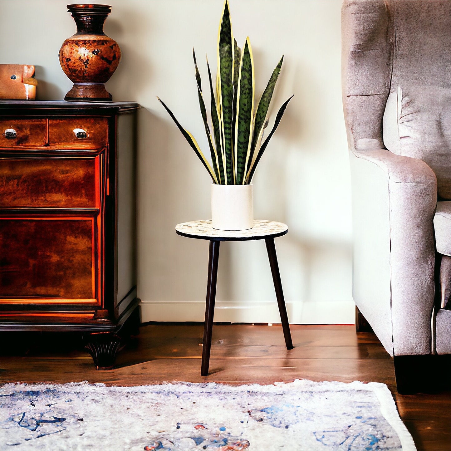 Round Side Table 16” in diameter 20” Tall Mother of Pearl Mosaic and Dark Wood (“Pearl-a-dise”) / Free Shipping