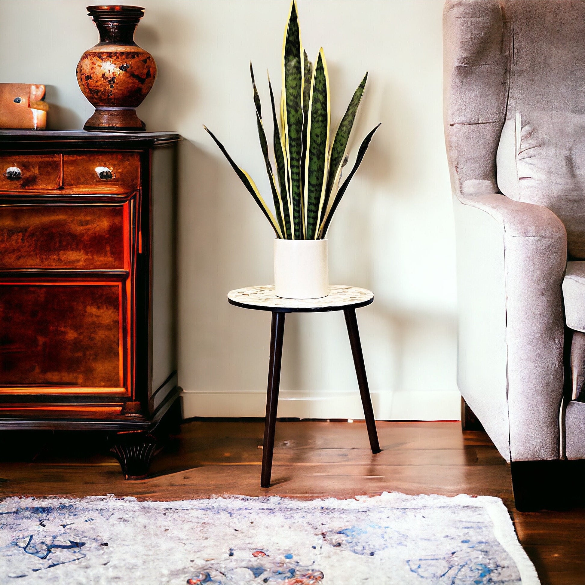 Round Side Table 16” in diameter 20” Tall Mother of Pearl Mosaic and Dark Wood (“Pearl-a-dise”) / Free Shipping