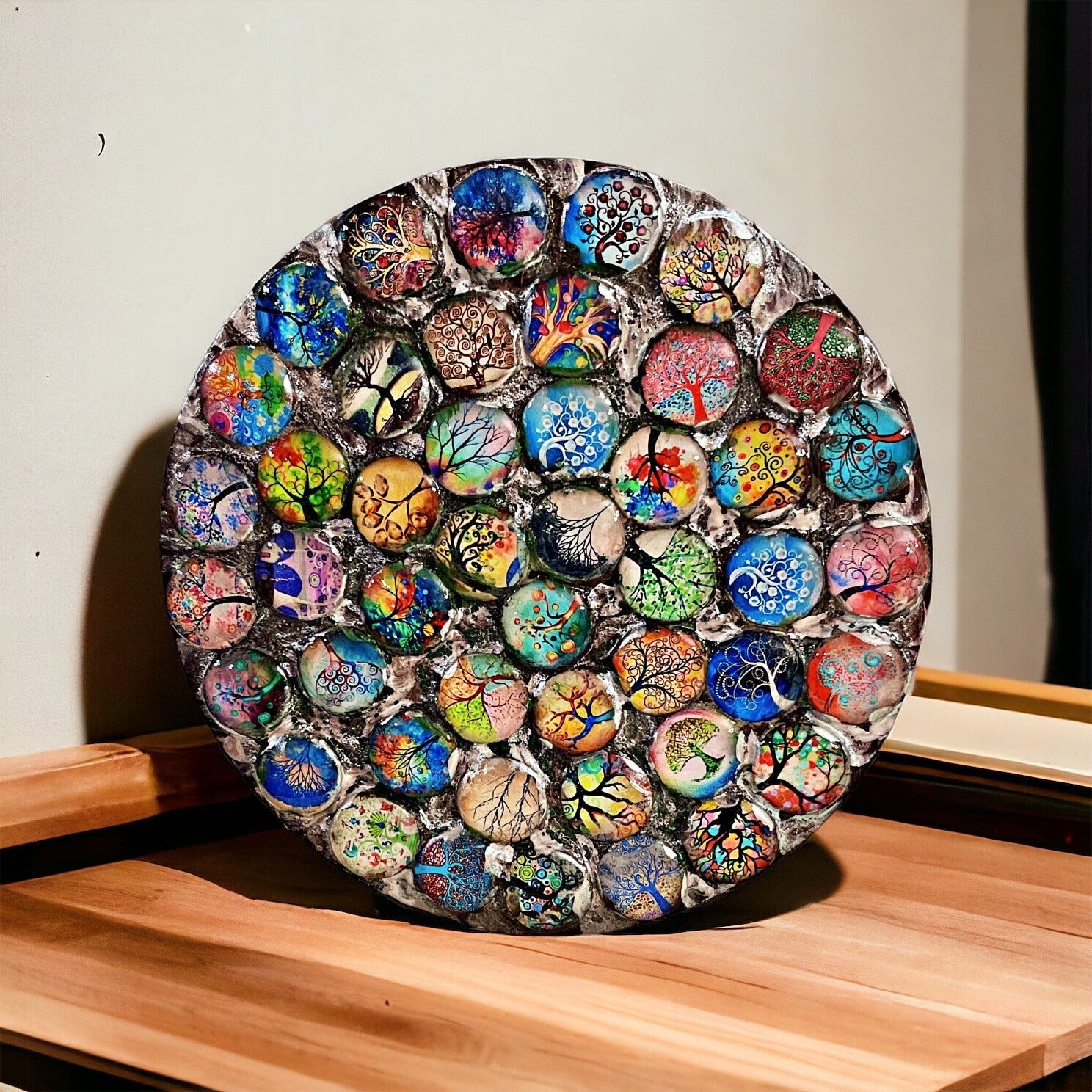Plant Stand, Handmade Round Plant Stand, Mosaic Plant Riser | Unique Tree of Life Cabochons Plant Stand / Free Shipping