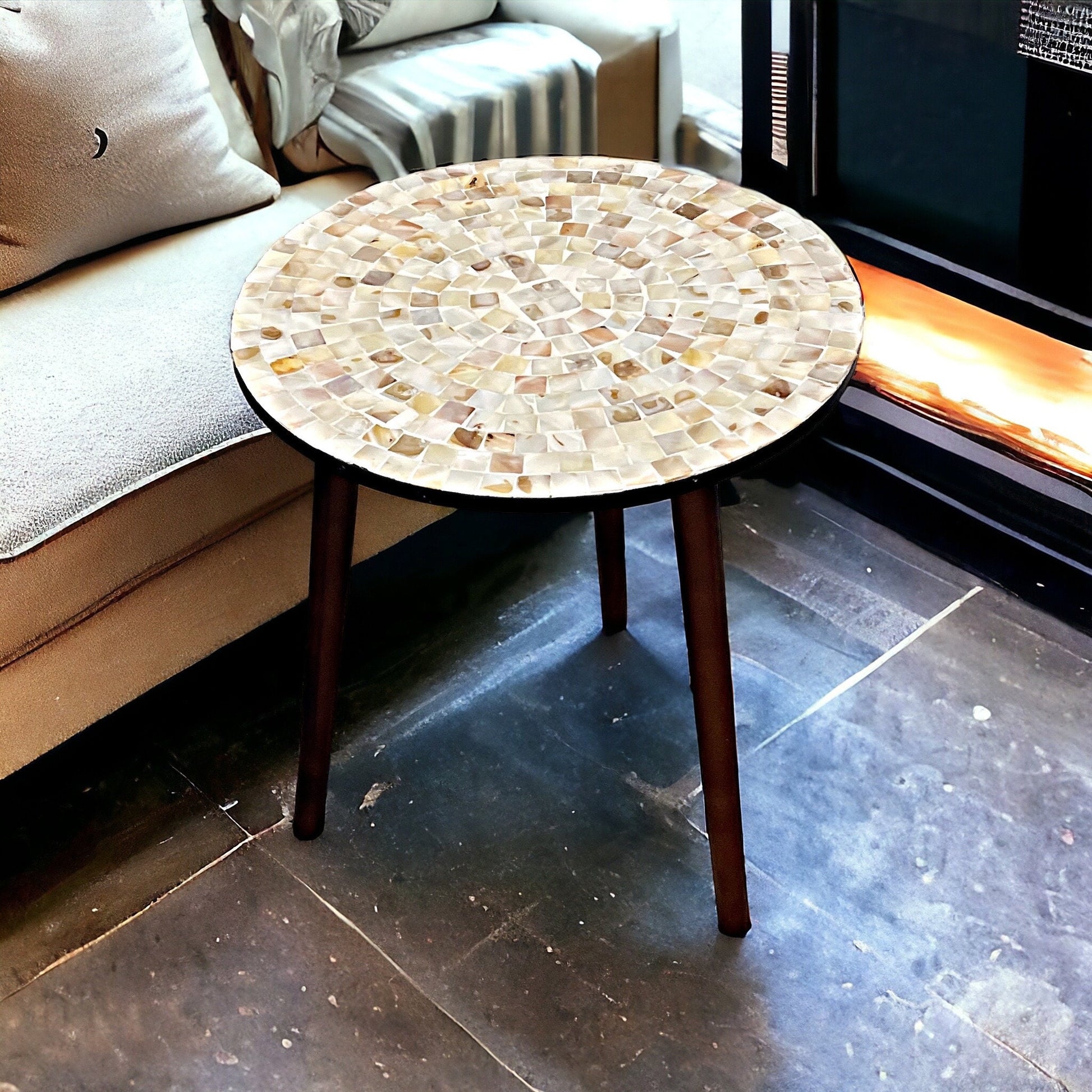 Round Side Table 16” in diameter 20” Tall Mother of Pearl Mosaic and Dark Wood (“Pearl-a-dise”) / Free Shipping