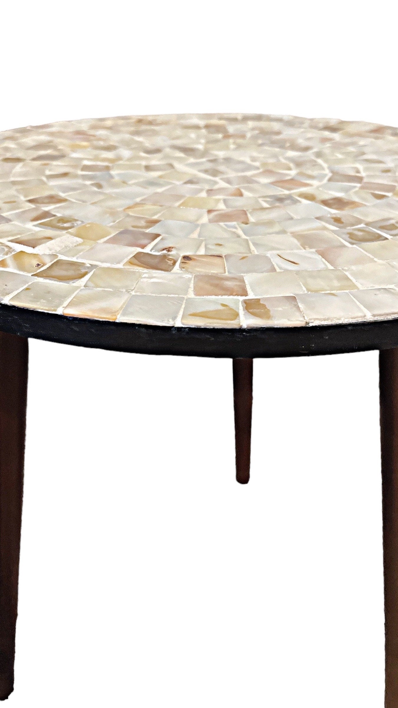 Round Side Table 16” in diameter 20” Tall Mother of Pearl Mosaic and Dark Wood (“Pearl-a-dise”) / Free Shipping