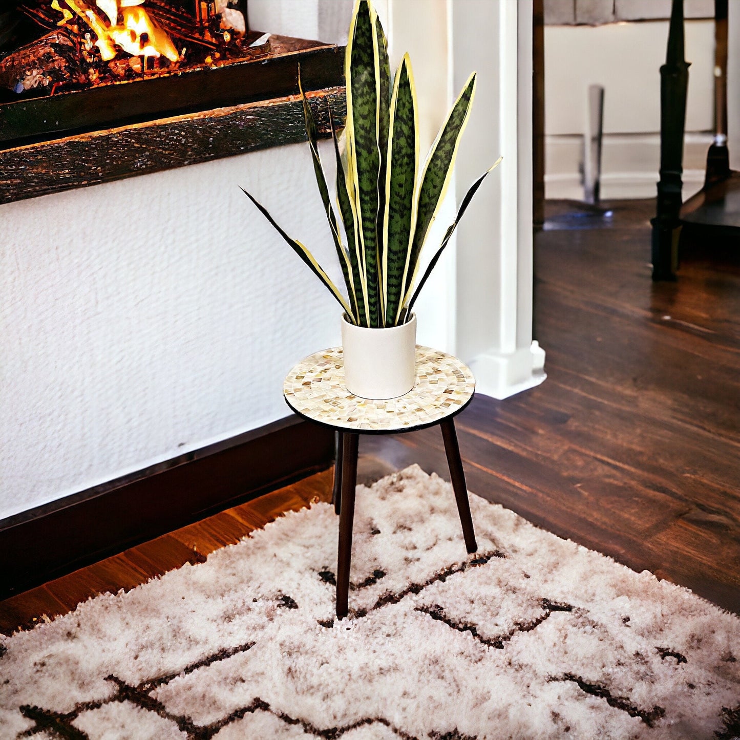 Round Side Table 16” in diameter 20” Tall Mother of Pearl Mosaic and Dark Wood (“Pearl-a-dise”) / Free Shipping