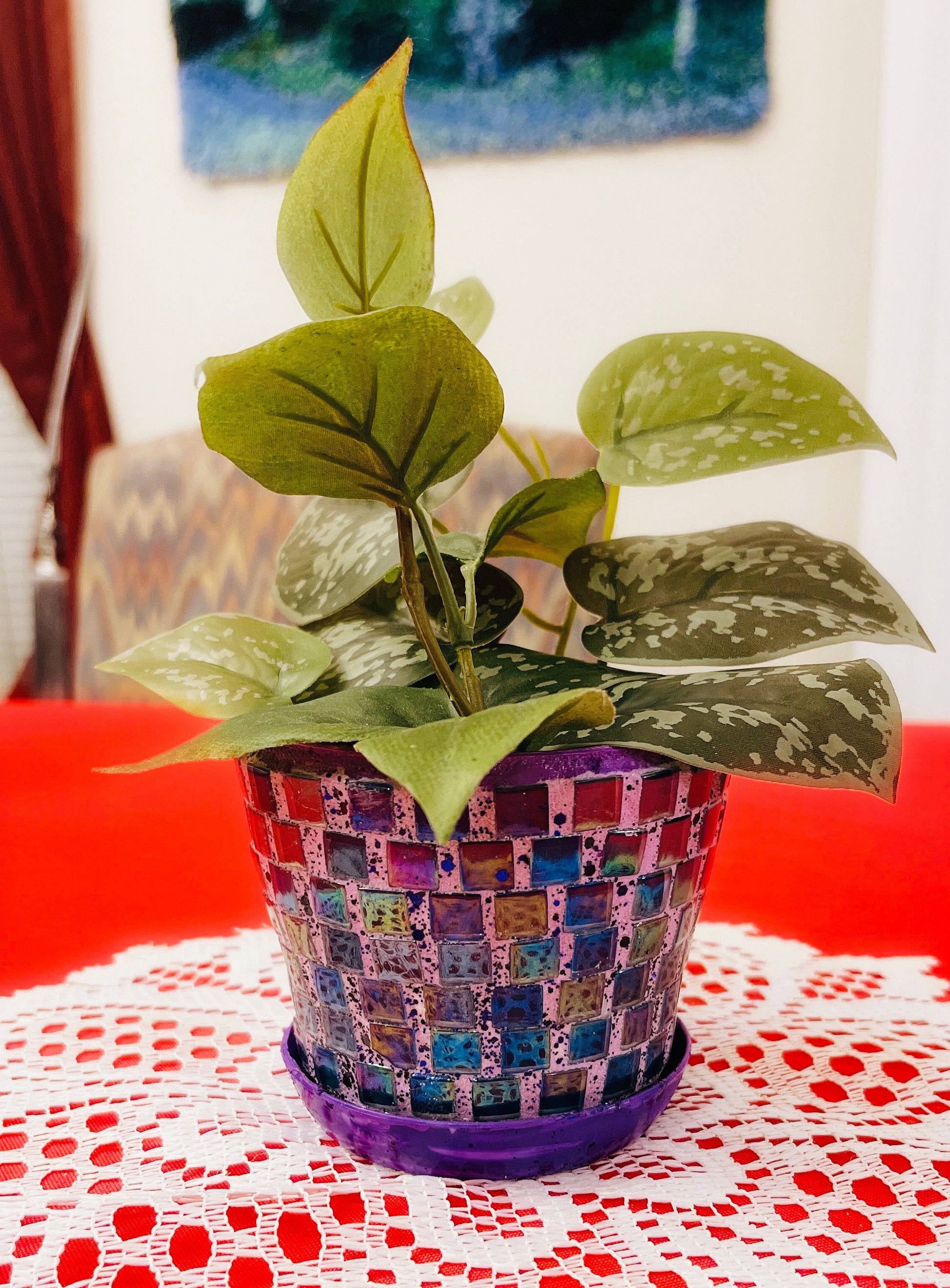 Small Purple Iridescent Mosaic Plant Pot With Draining Tray / Free Shipping