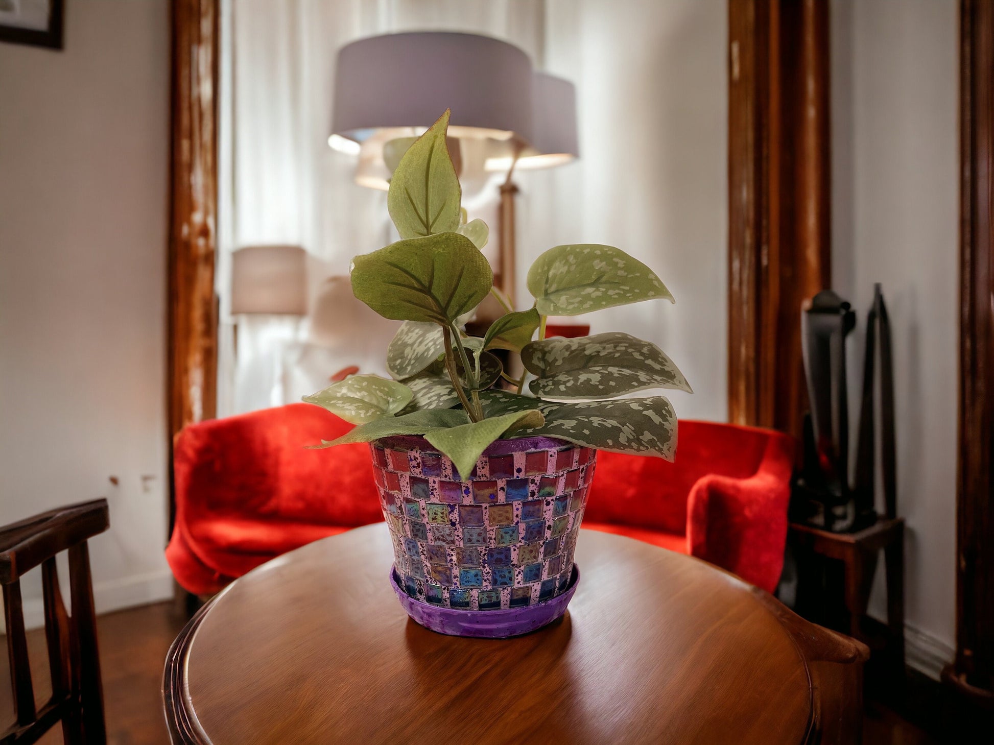 Small Purple Iridescent Mosaic Plant Pot With Draining Tray / Free Shipping