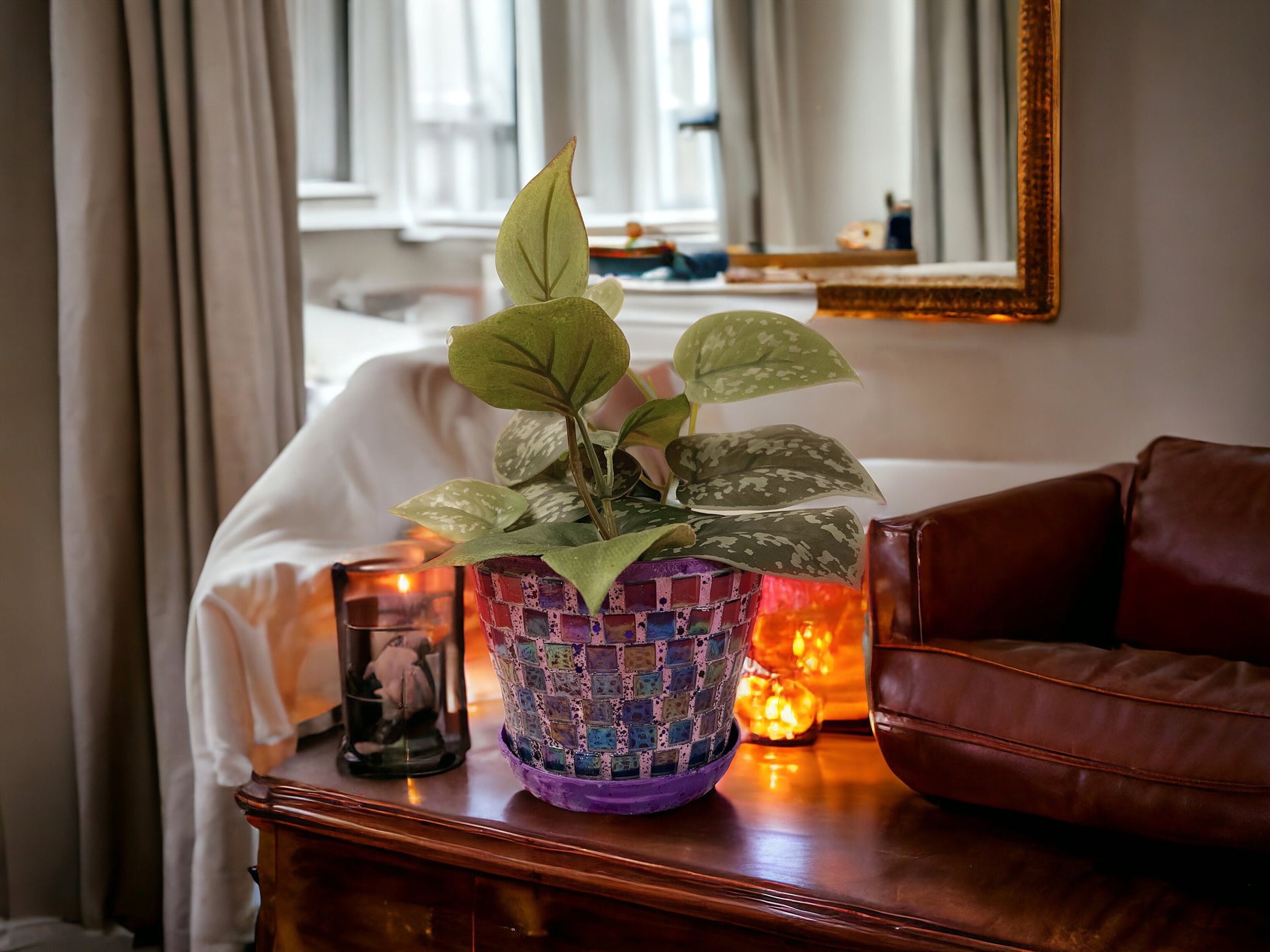 Small Purple Iridescent Mosaic Plant Pot With Draining Tray / Free Shipping