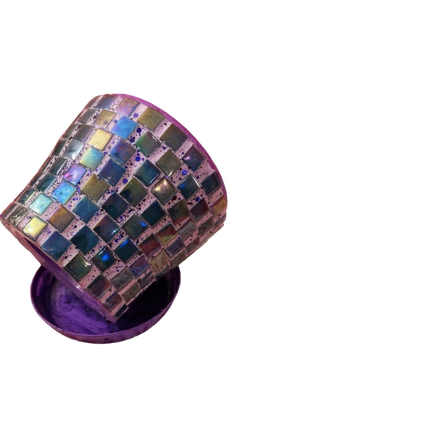Small Purple Iridescent Mosaic Plant Pot With Draining Tray / Free Shipping