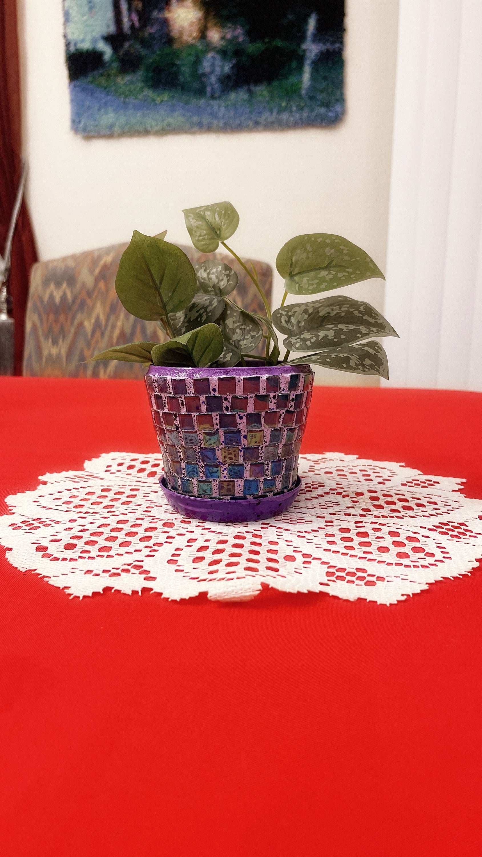 Small Purple Iridescent Mosaic Plant Pot With Draining Tray / Free Shipping