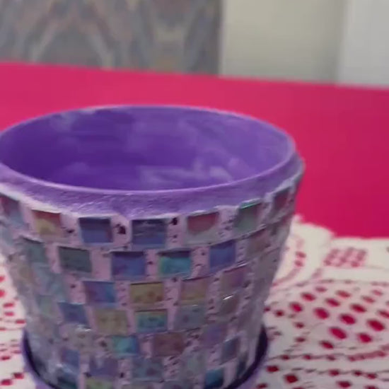 Small Purple Iridescent Mosaic Plant Pot With Draining Tray / Free Shipping