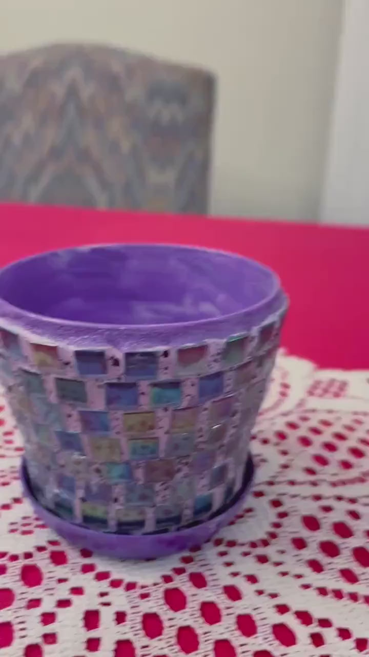Small Purple Iridescent Mosaic Plant Pot With Draining Tray / Free Shipping