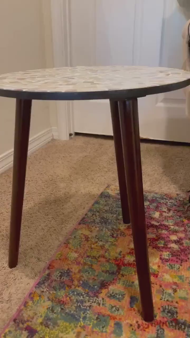 Round Side Table 16” in diameter 20” Tall Mother of Pearl Mosaic and Dark Wood (“Pearl-a-dise”) / Free Shipping